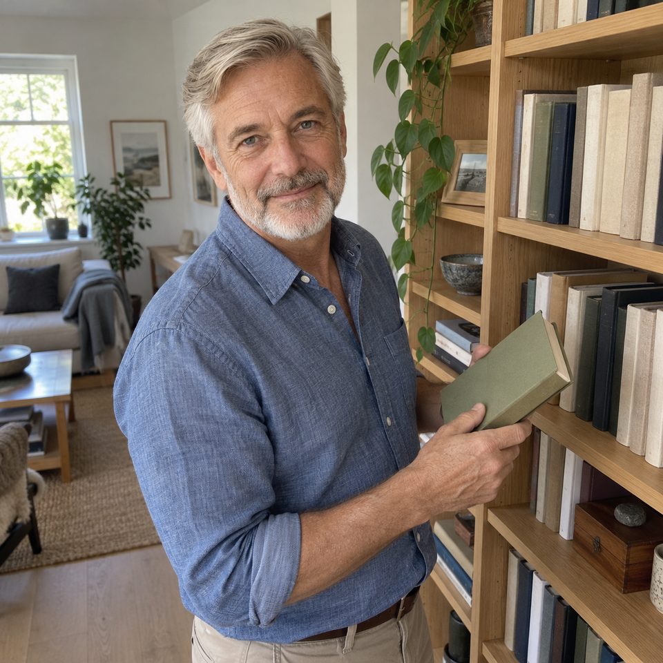 Erik deciding about a book at his bookshelf