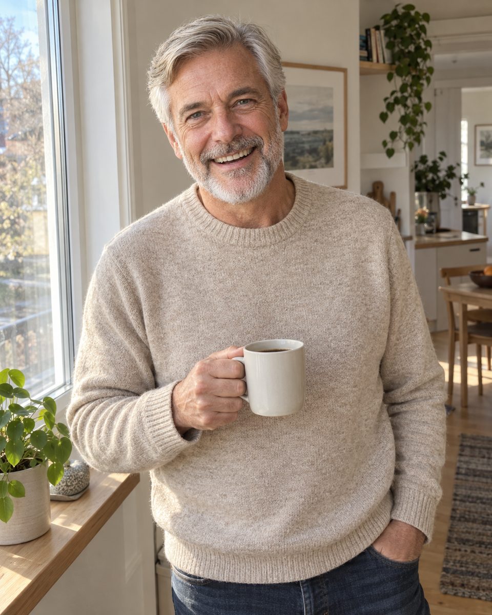 Erik, the Nordic Home Reset guide, by a window with a cup of coffee